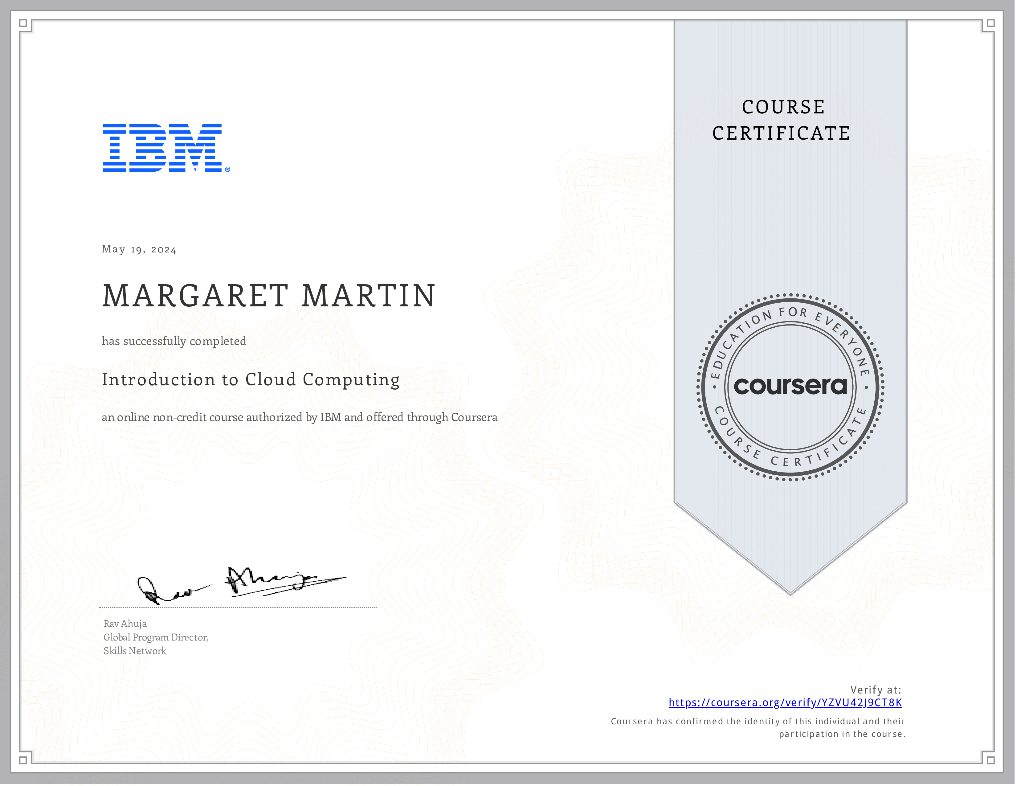Coursera Intro to Web 
                Cloud Computing certificate