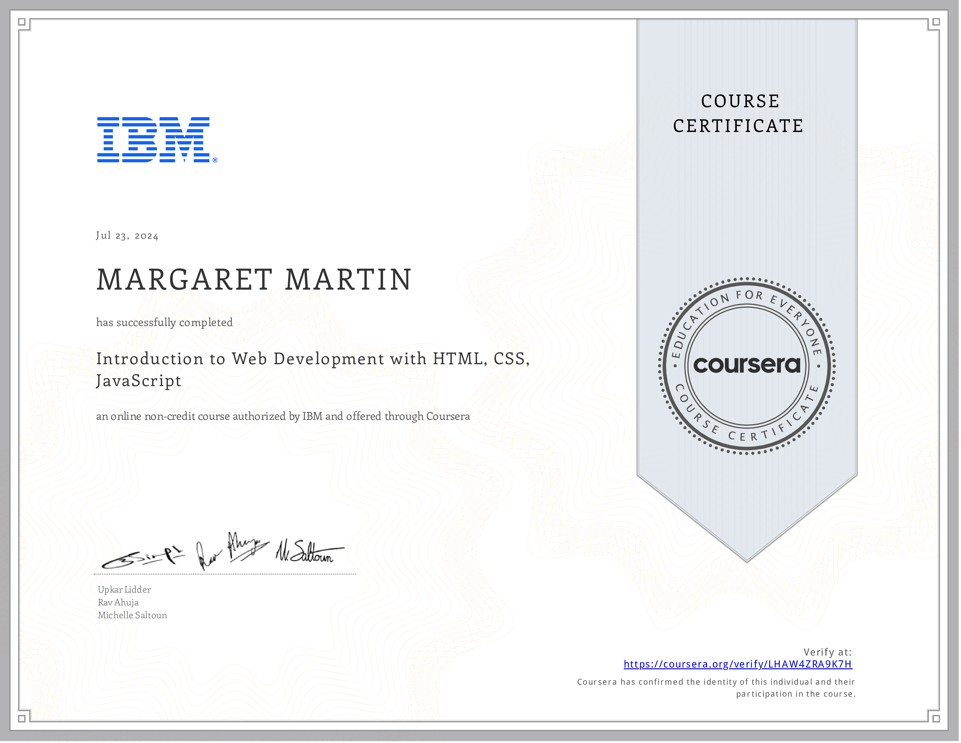 Coursera Intro to Web Development certificate