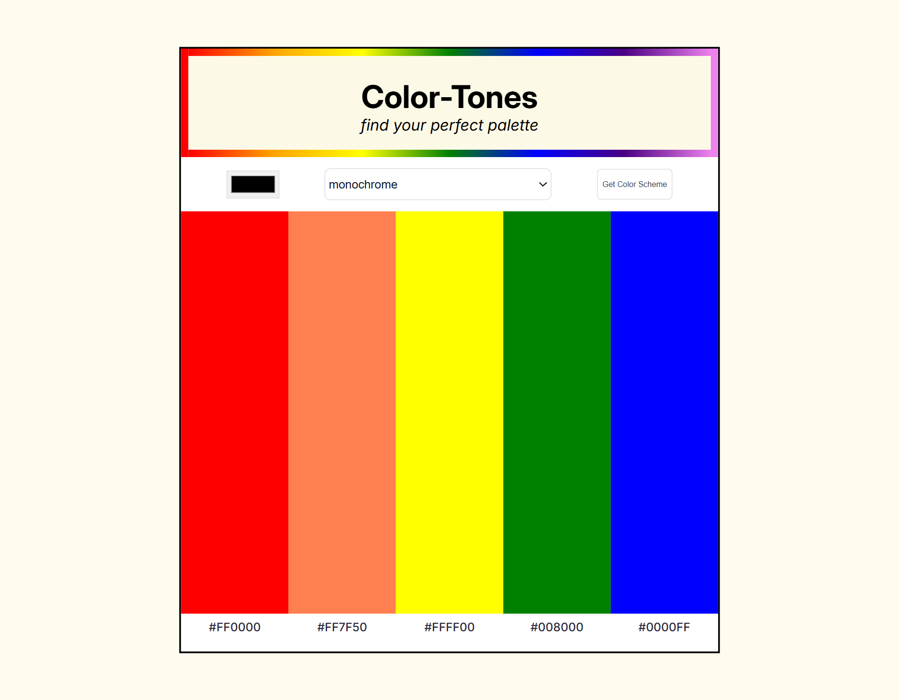 Color Tones webpage with thick vertical rainbow stripes.