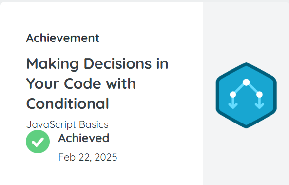 Treehouse 
               JavaScript Basics badge aqua blue hexagon with arrow graphics