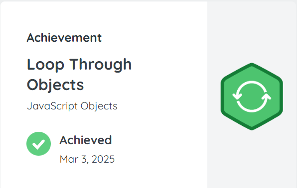 Treehouse 
               JS Objects badge green hexagon with two white arrows making a circle in the middle