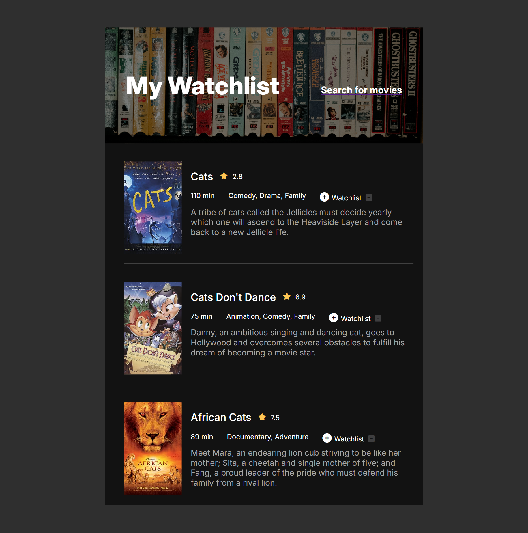 Cat movie posters, ie, Cats, Cats Don't Dance, African Cats, on black background with movie info in white text.