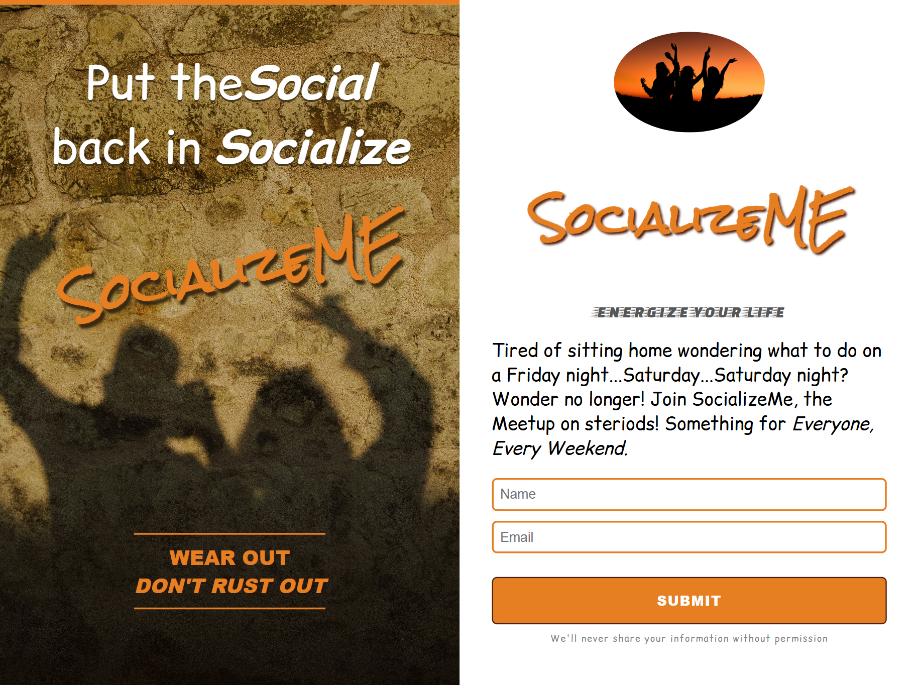 SocializeMe website, shadows of people dancing against brown brick wall and form page.